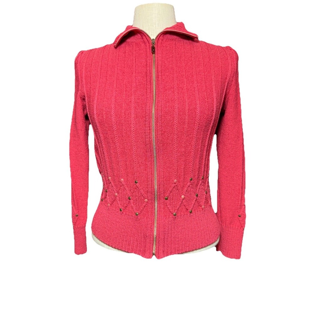 St. John Sport Women’s Petite Pink Full Zip Turtleneck Wool Knit Sweater Lux